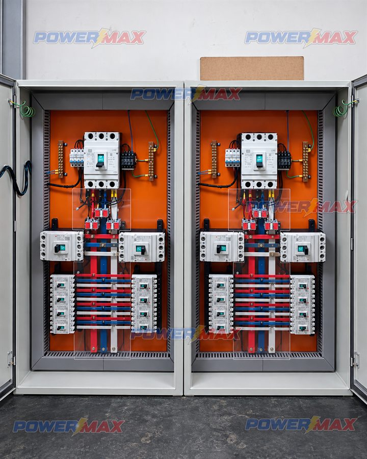 Dois painéis elétricos industriais abertos