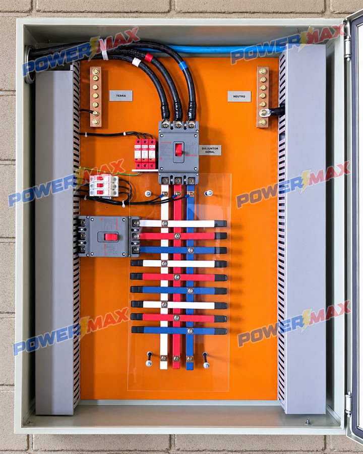 Painel elétrico com disjuntor geral e barramentos